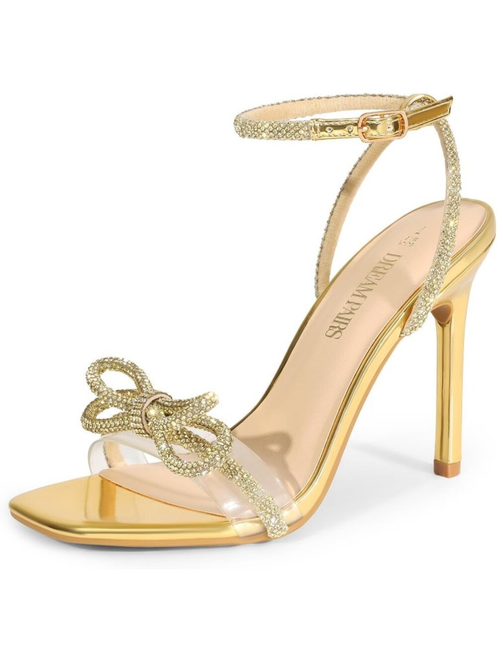 Women's Gold Rhinestone Double Bowknots Crystal Clear Slingback Square Toe Heels